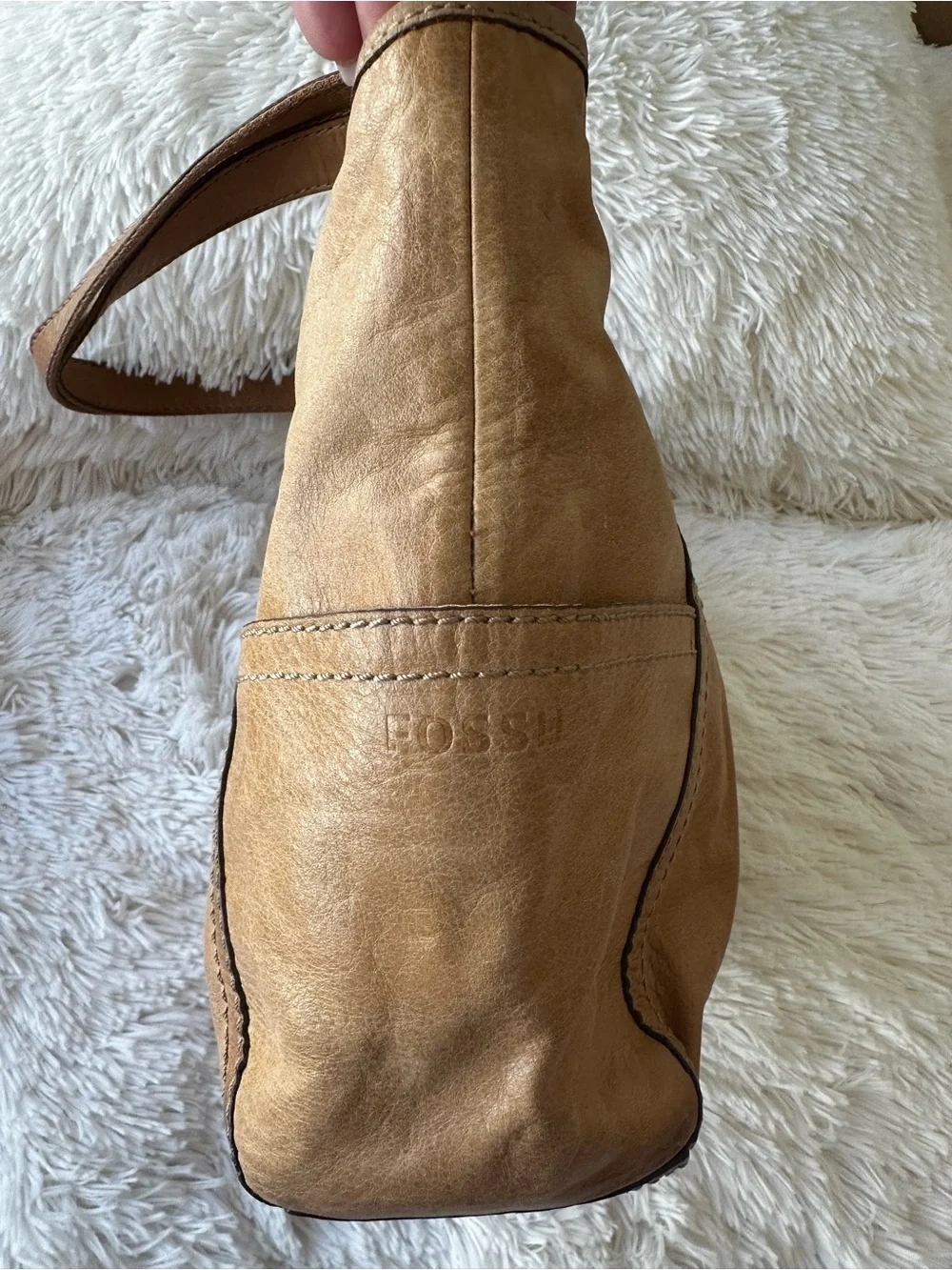 Fossil Long Live Vintage Leather Tote Bag Brown Cognac Hobo Shoulder Purse Y2K